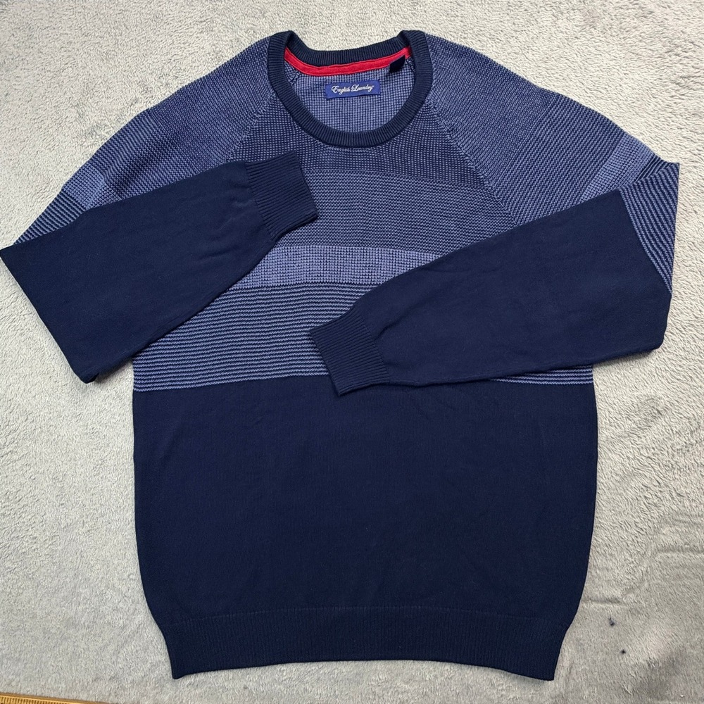 English Laundry Mens Navy Blue Colorblock Textured Cotton Crewneck Sweater Med.